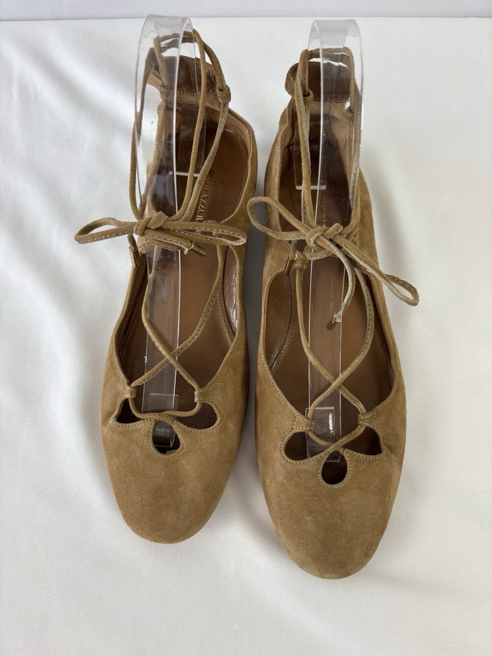 Aquazzura Firenze Dancer Lace Up Ballet Flats Camel Brown Tan Suede 38 7.5